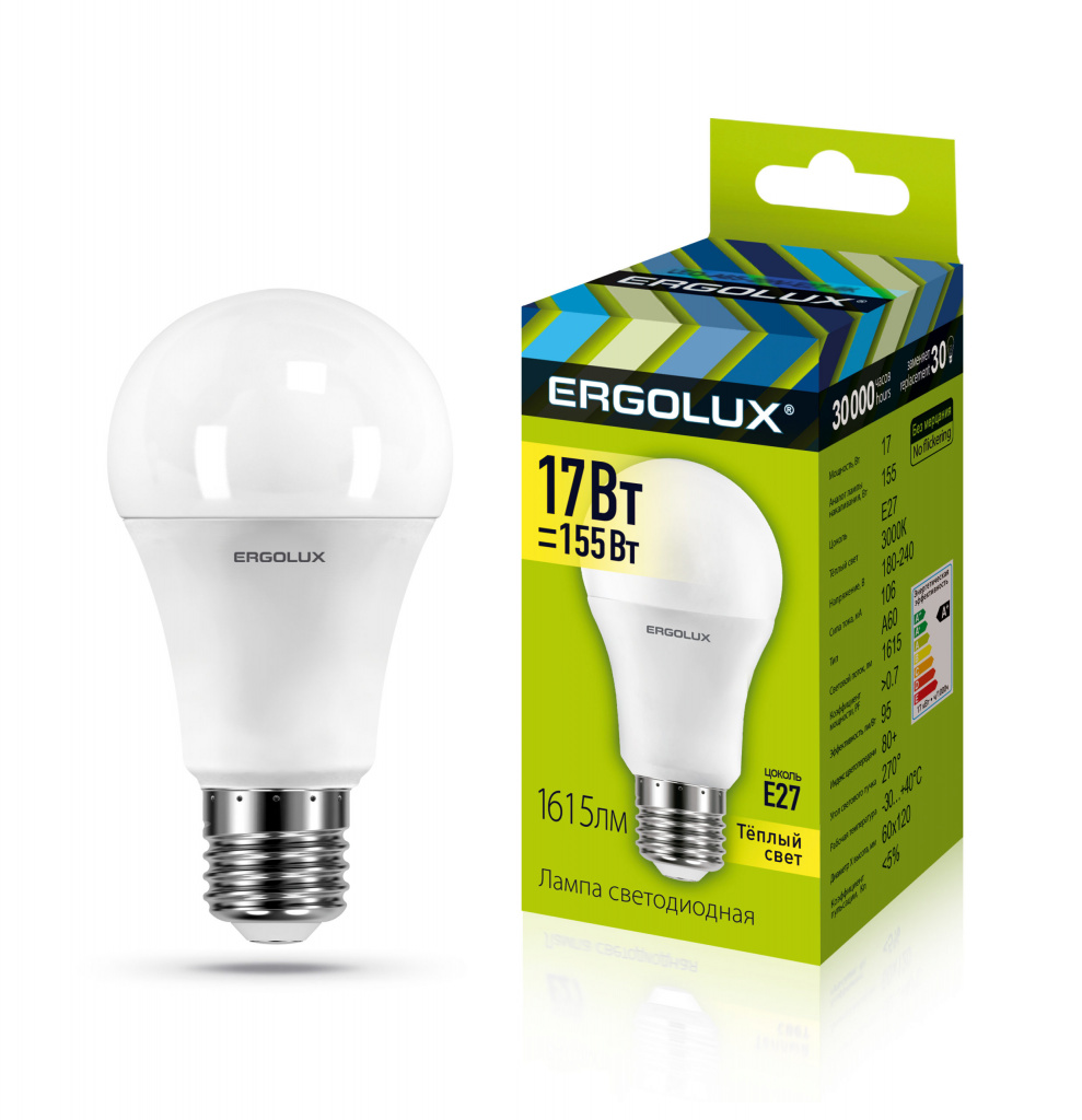 Лампа светодиодная Ergolux LED-A60-17W-E27-3K 3000K груша