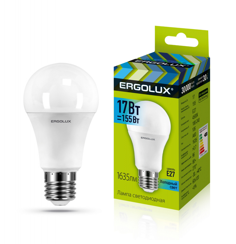 Лампа светодиодная Ergolux LED-A60-17W-E27-4K 4500K груша