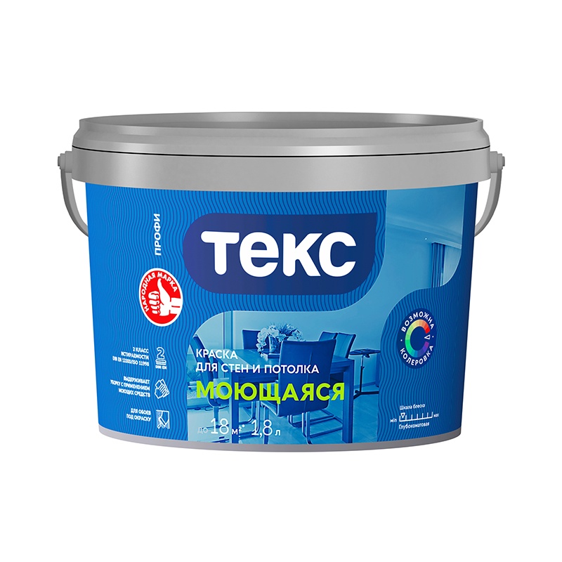 Краска водно-дисперсионная Текс Профи для ванных и кухонь моющаяся основа D белая 1,8 л