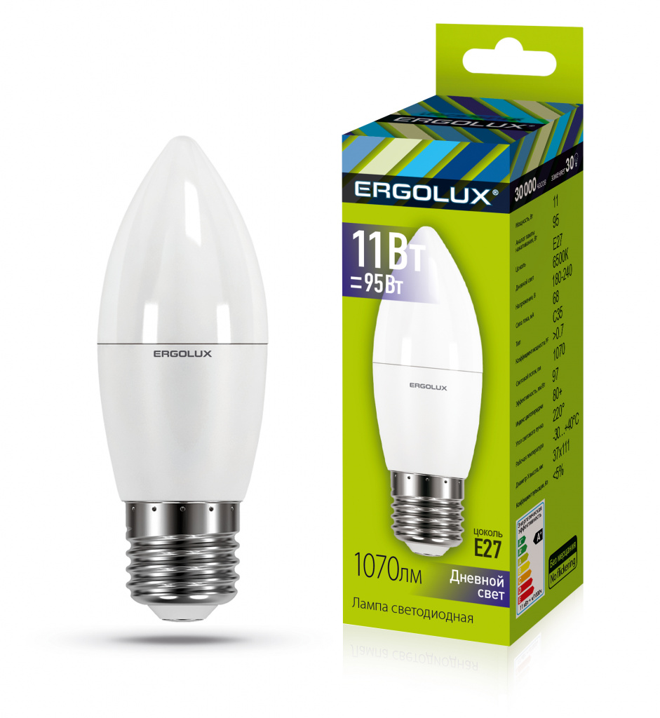 Лампа светодиодная Ergolux LED-C35-11W-E27-6K 6500K матовая свеча