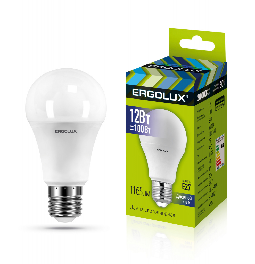 Лампа светодиодная Ergolux LED-A60-12W-E27-6K 6500K матовая груша