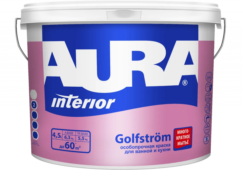 Краска для ванной и кухни AURA Golfstrom K0351 особопрочная 4,5 л  