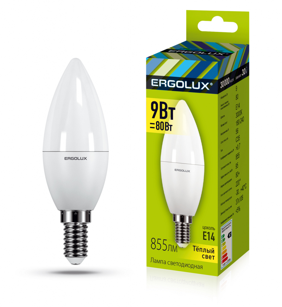 Лампа светодиодная Ergolux LED-C35-9W-E14-3K 3000K матовая свеча