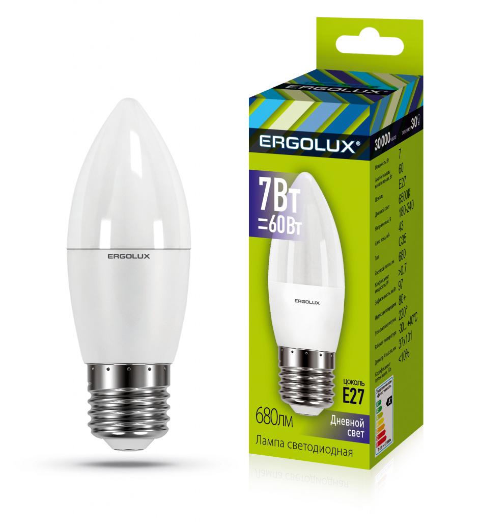 Лампа светодиодная Ergolux LED-C35-7W-E27-6K 6500K матовый свеча