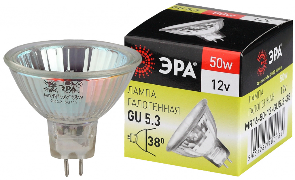 Лампа галогенная ЭРА GU5.3-MR16-50W-12V-Cl софит, теплый белый свет