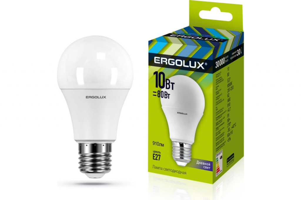 Лампа светодиодная Ergolux LED-A60-10W-E27-6K 6500K матовая груша