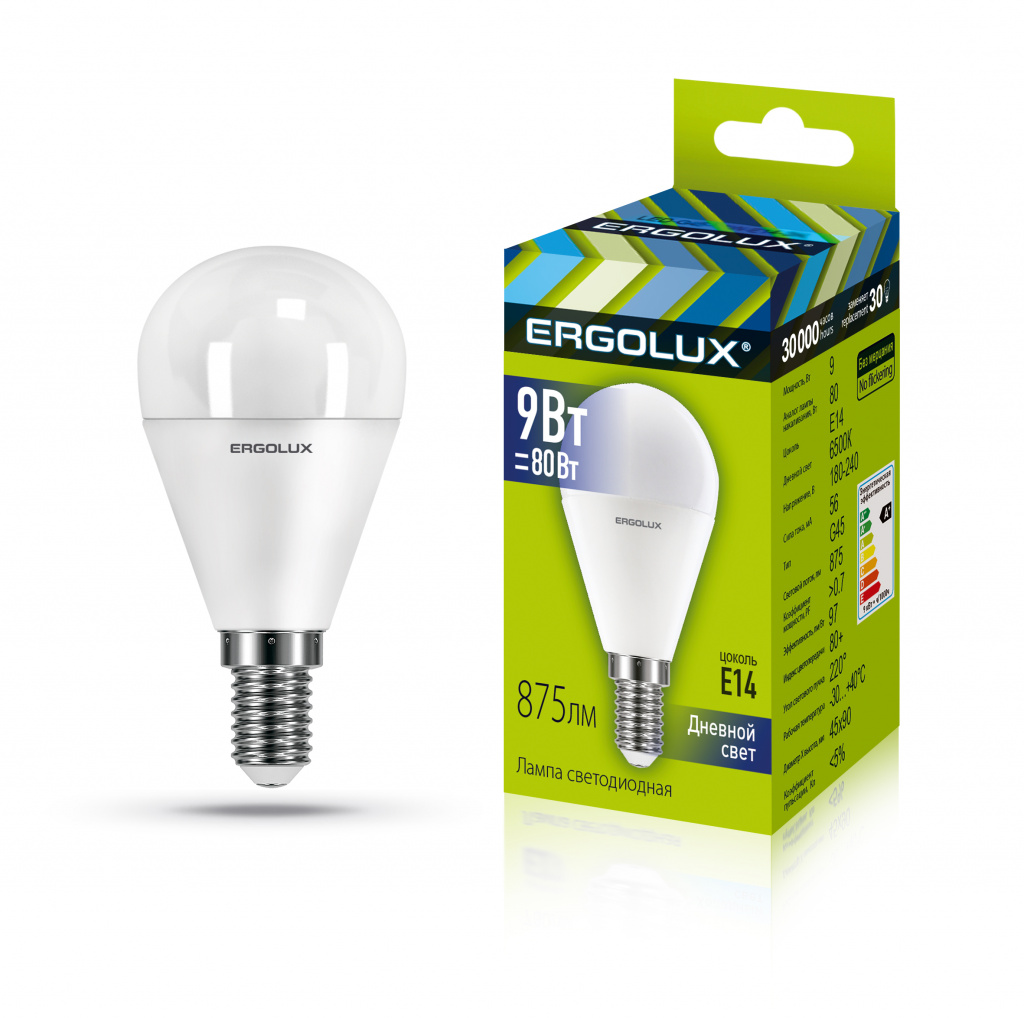 Лампа светодиодная Ergolux LED-G45-9W-E14-6K 6500K матовый шар