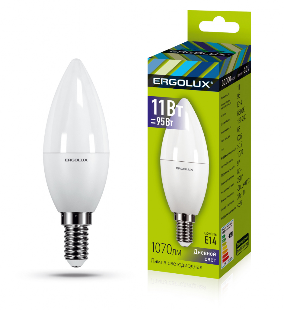 Лампа светодиодная Ergolux LED-C35-11W-E14-6K 6500K матовая свеча