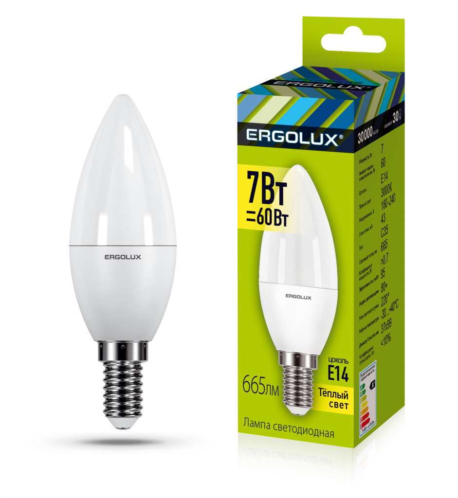 Лампа светодиодная Ergolux LED-C35-7W-E14-3K 3000K матовая свеча