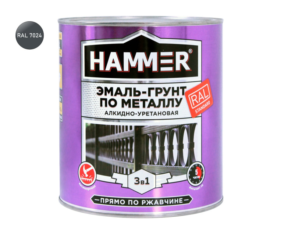 Эмаль-грунт по металлу 3 в 1 HAMMER полуглянцевая RAL 7024 графитовый серый 2,7 кг 