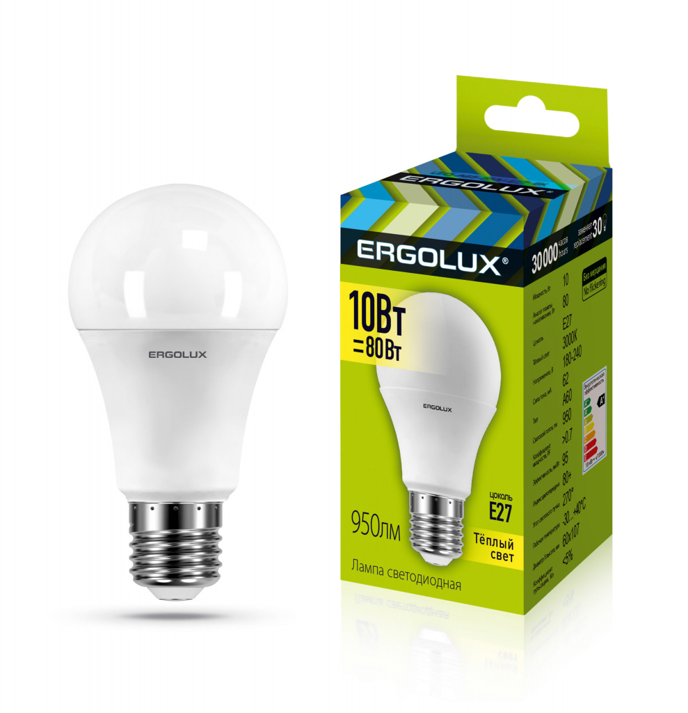 Лампа светодиодная Ergolux A60-10W-E27-3K  3000K белый теплый, груша