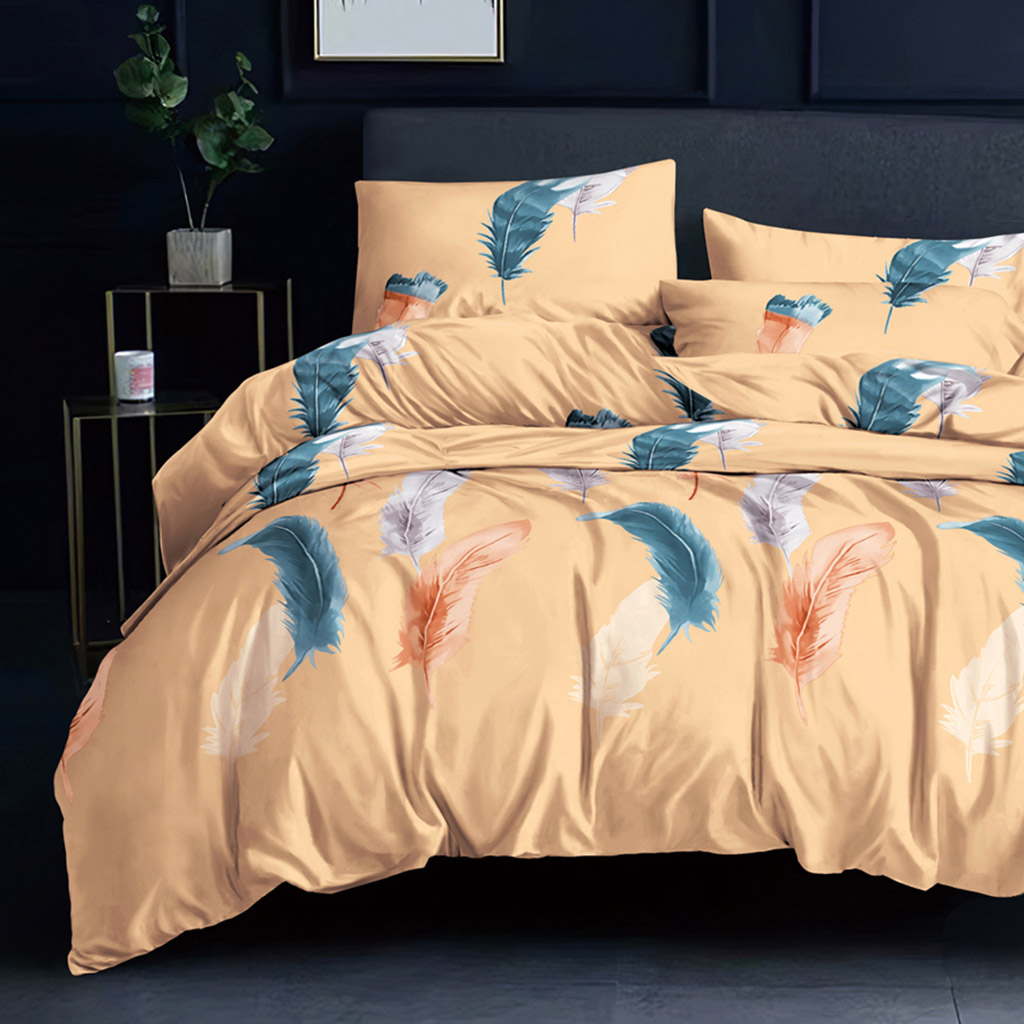 Комплект постельного белья Перышки на оранжевом 2-x спальный, полисатин, 4 предмета 